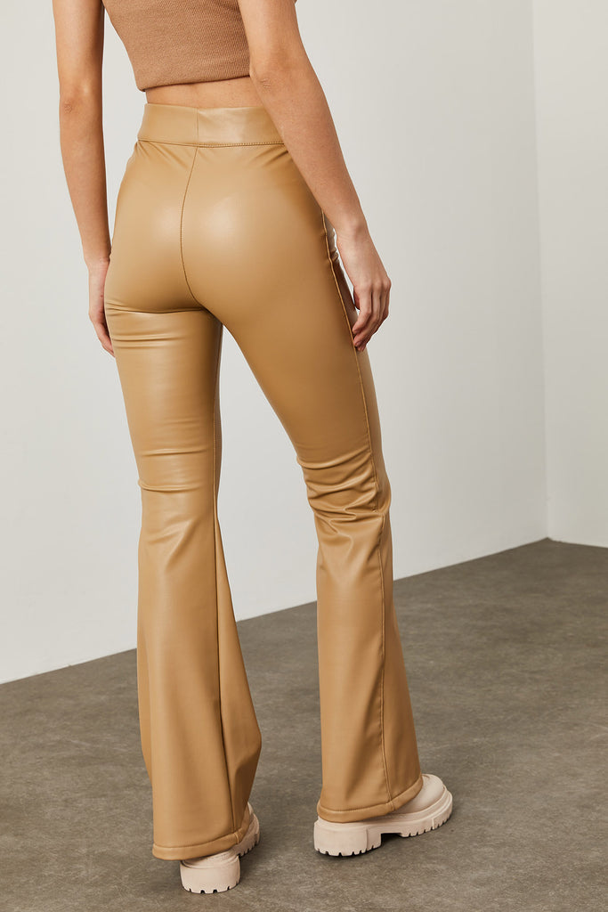Women's Beige Leather Flare Pants – rakeya